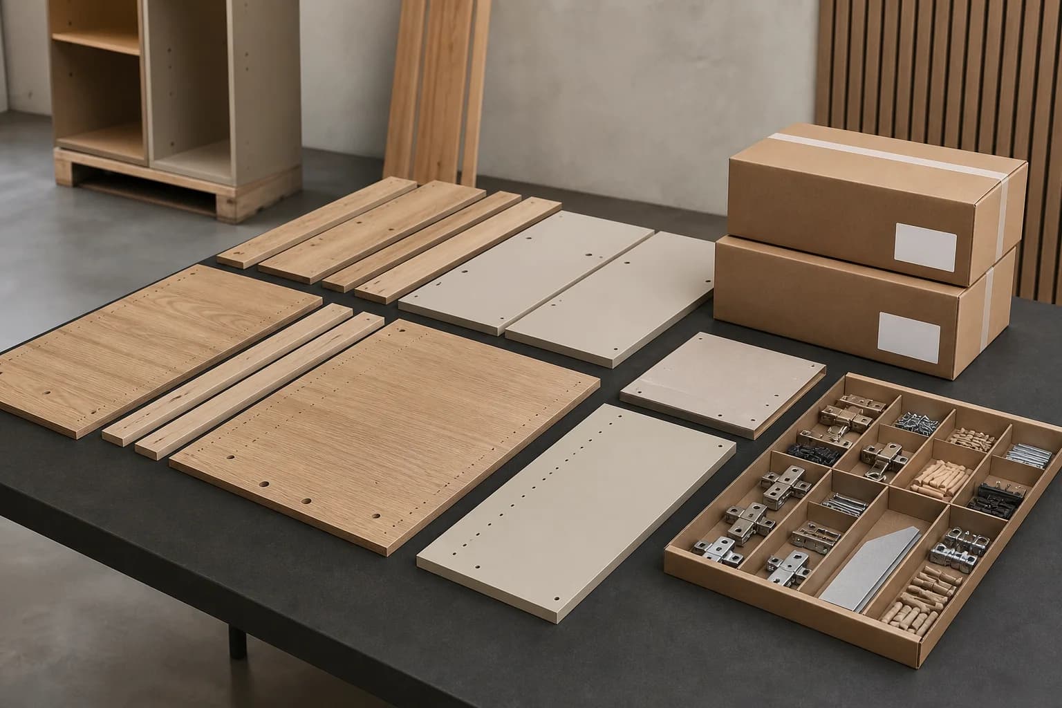 Riva cabinet panels and hardware organized for flat-pack delivery