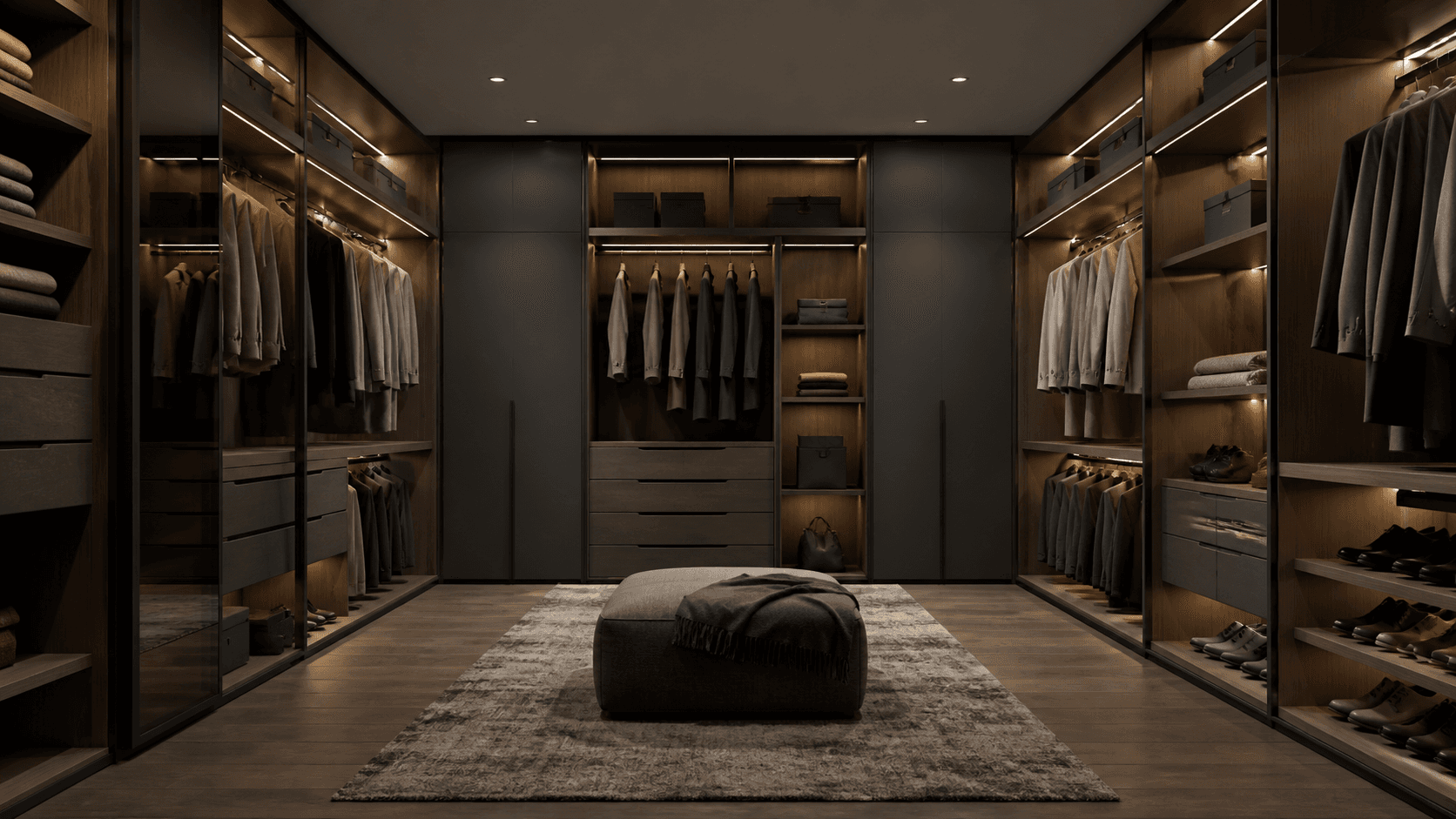 Interna illustrative walk-in wardrobe based on selected RTA catalogue modules
