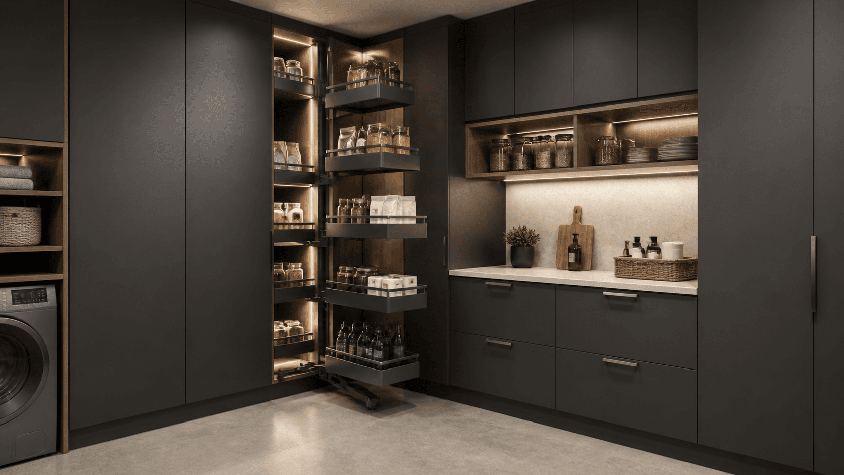 Pivot illustrative corner pantry system based on selected RTA catalogue modules