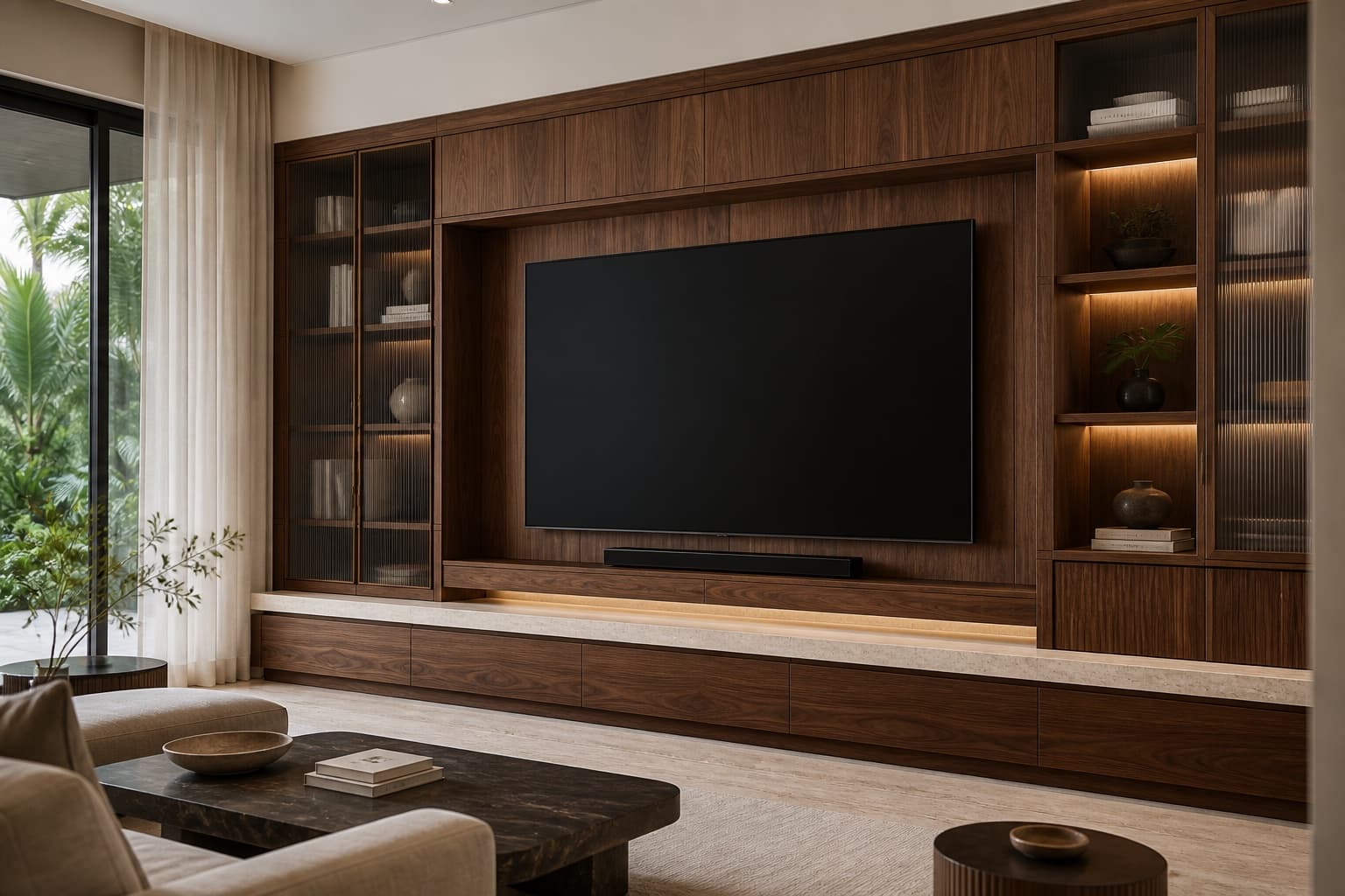 Custom walnut living-room media wall by Lavaredo