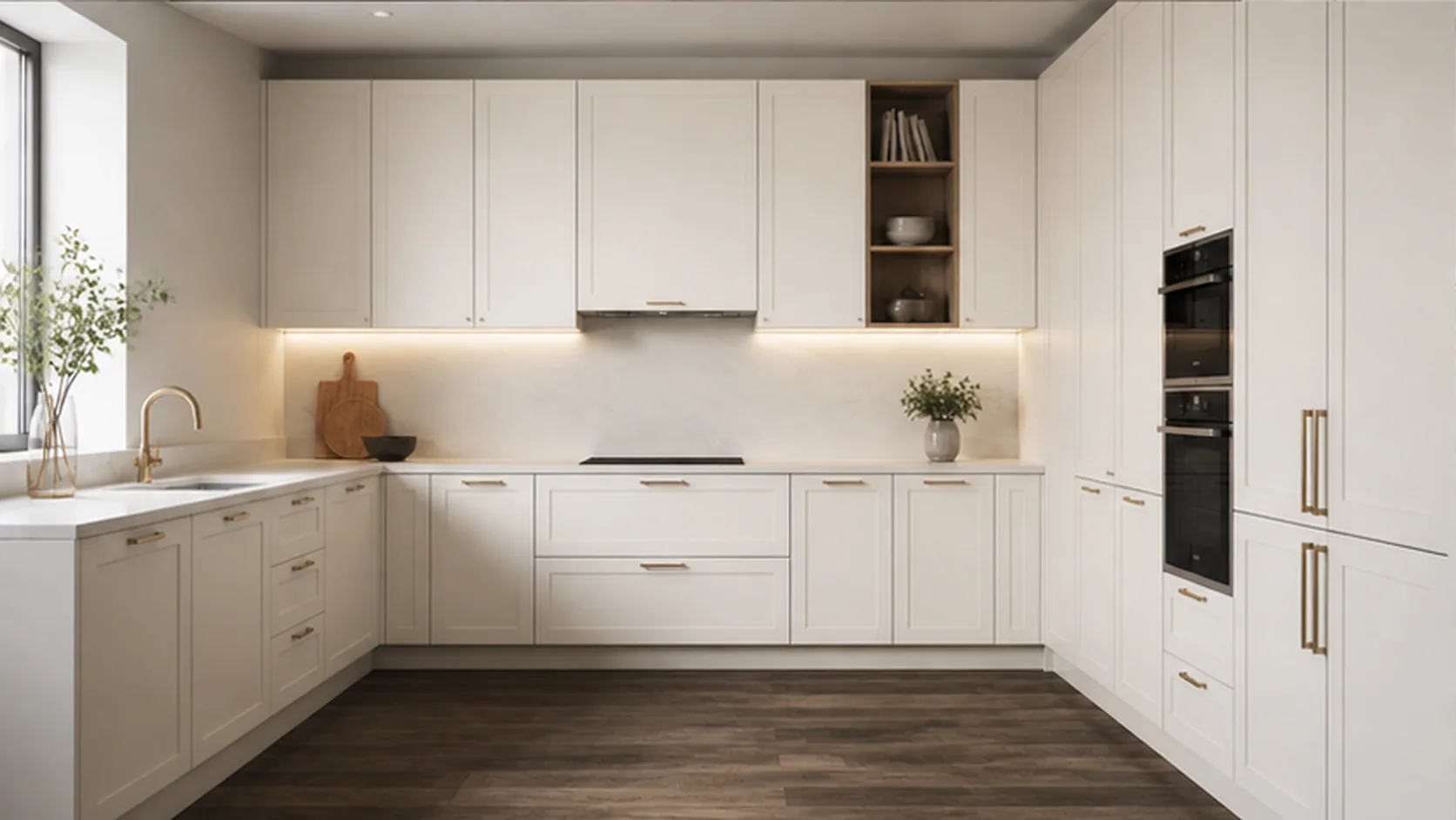 Cornice illustrative room with cabinetry in Ice Vanilla